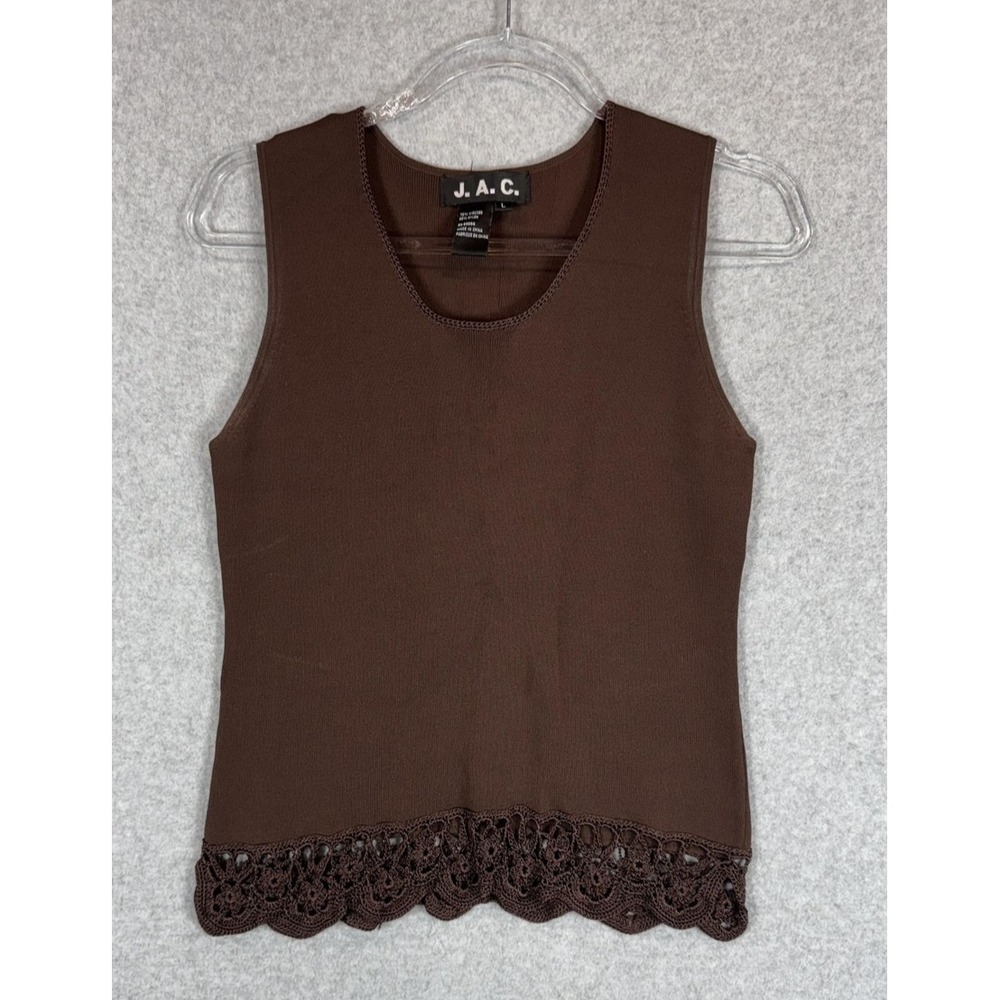 JAC Tank Top Womens Large Brown Sleeveless Knit Lace Trim Viscose Nylon Retro